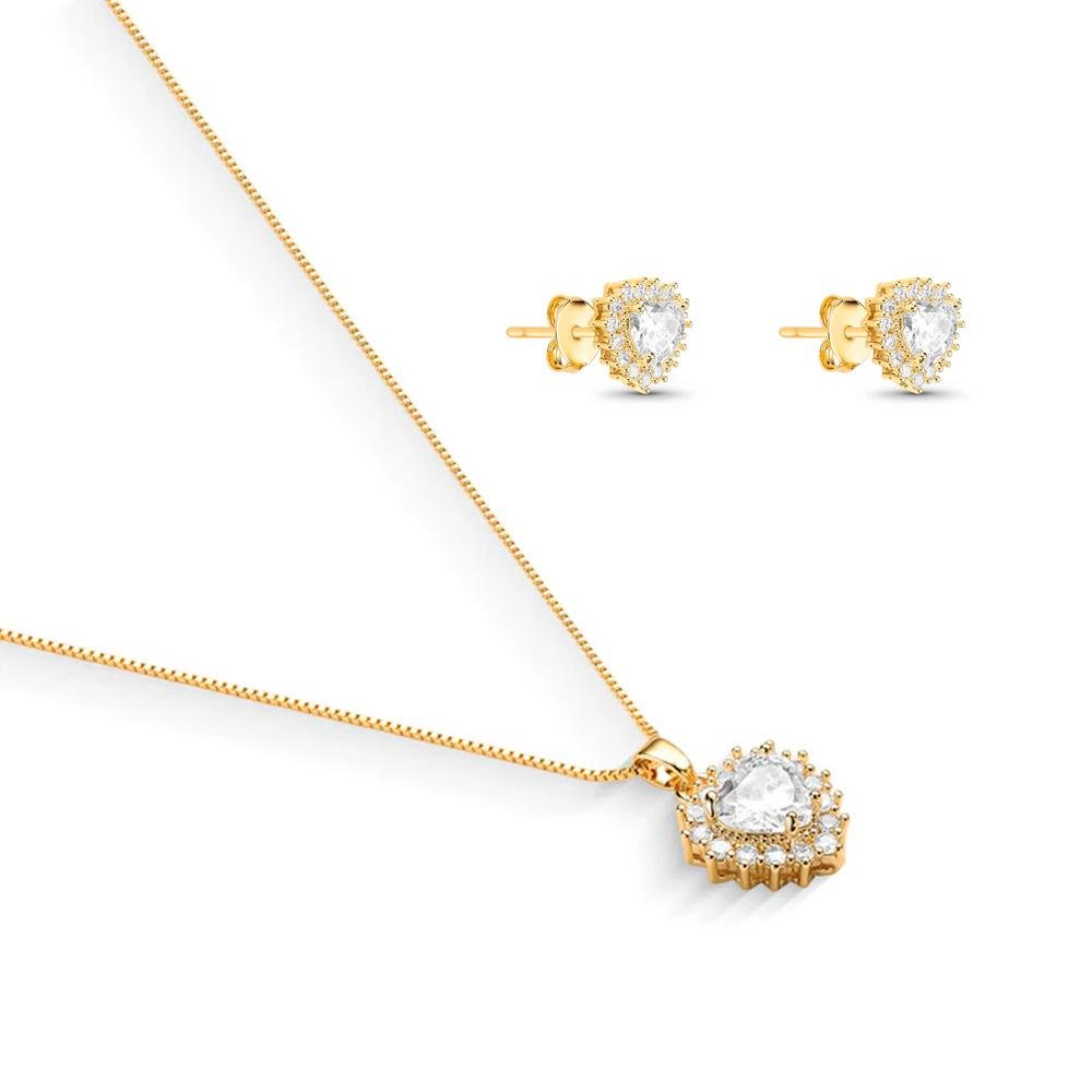 Conjunto Ponto De Luz Zircônia Coração Banhado a Ouro 18k