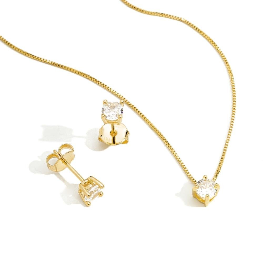 Conjunto Ponto De Luz Zircônia Cristal Banhado a Ouro 18k Dourado 1