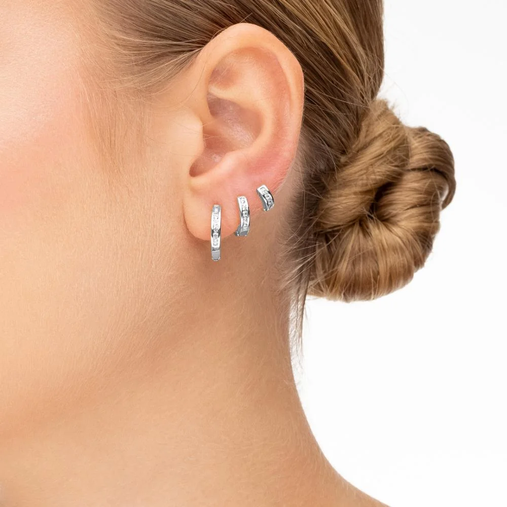 Trio Brincos Argola Articulada Cravejada Prata Banhado a Ródio Prata 2