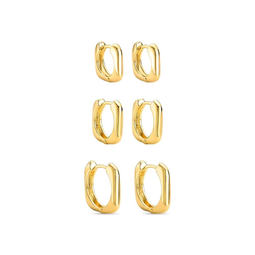 Trio Brincos Argola Quadrada Lisa Banhado a Ouro 18k Dourado 1