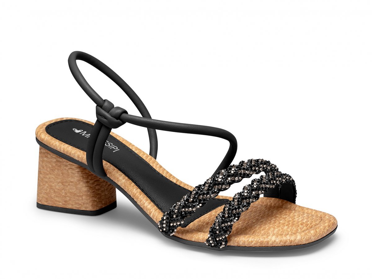 Sandália Salto Bloco Strass Mississipi Q9701 Feminina Preto 1