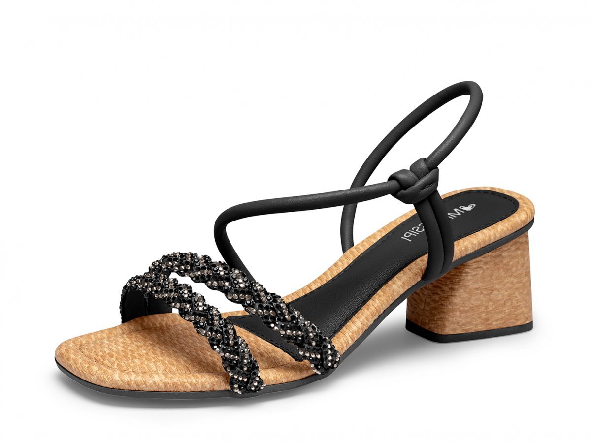 Sandália Salto Bloco Strass Mississipi Q9701 Feminina Preto 2