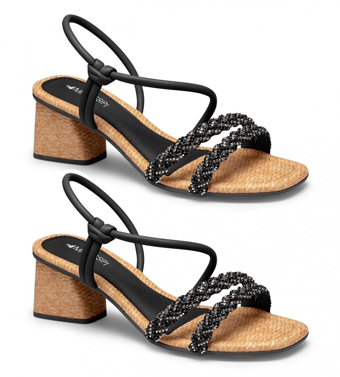 Sandália Salto Bloco Strass Mississipi Q9701 Feminina Preto 3