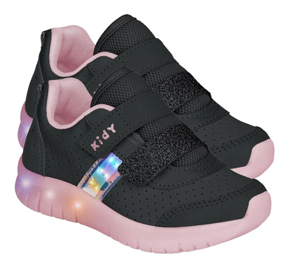 Tênis Infantil Kidy de Luz Light Fun Infantil Feminino Preto/Rosa 3