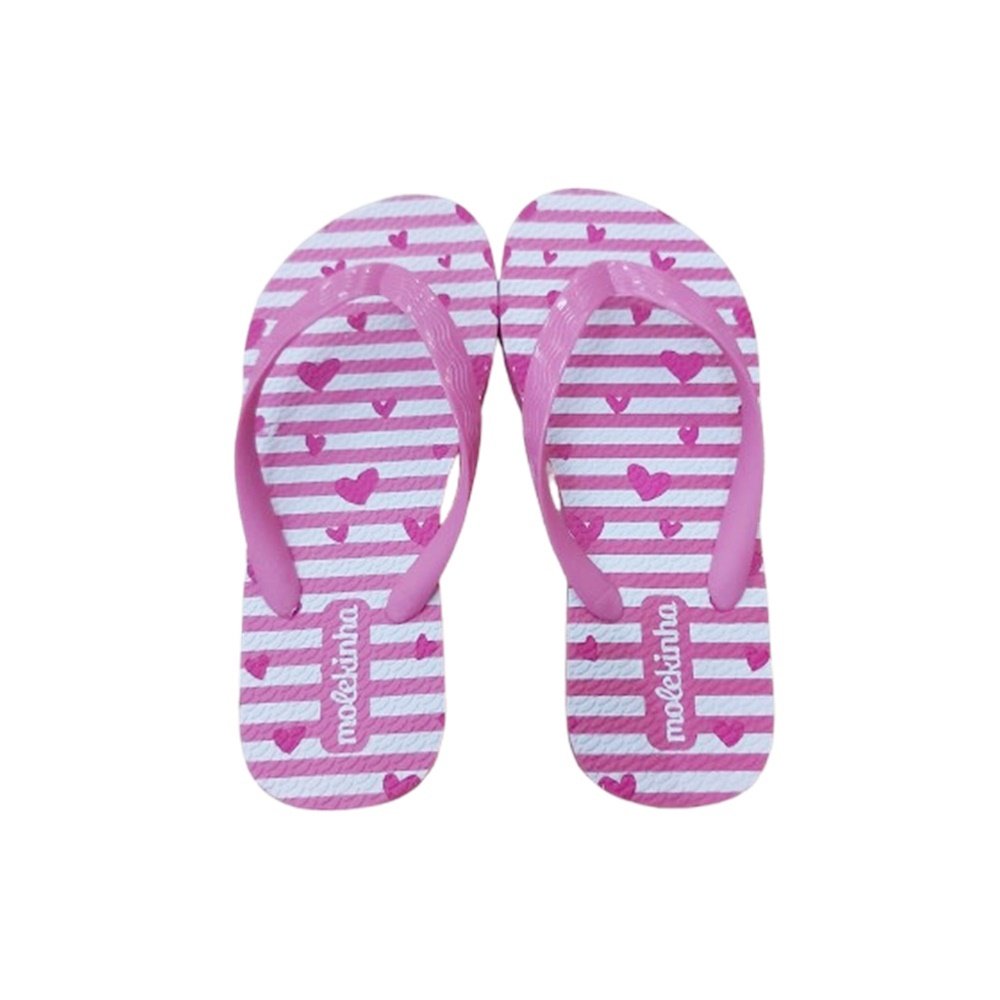 Molekinha Chinelo Tira Fina Estampa Coracao Pink Rosa 2