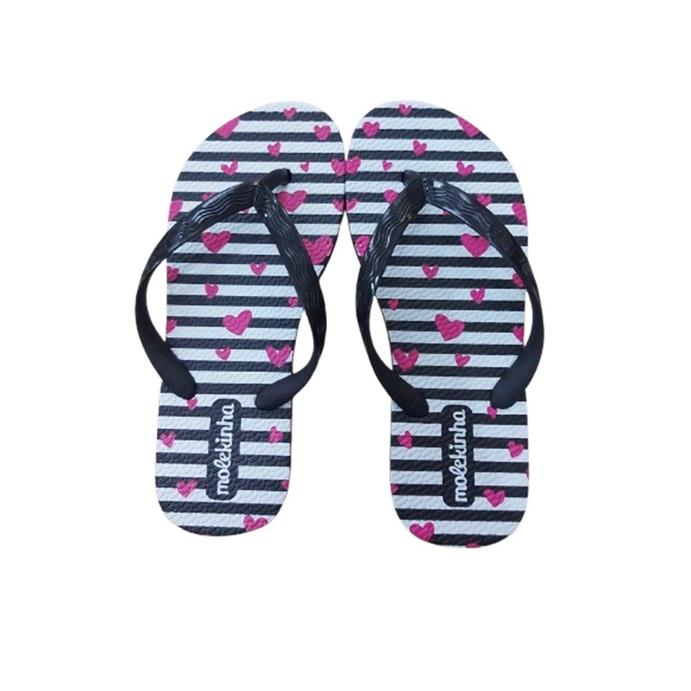 Molekinha Chinelo Tira Fina Estampa Coracao Preto Preto 2