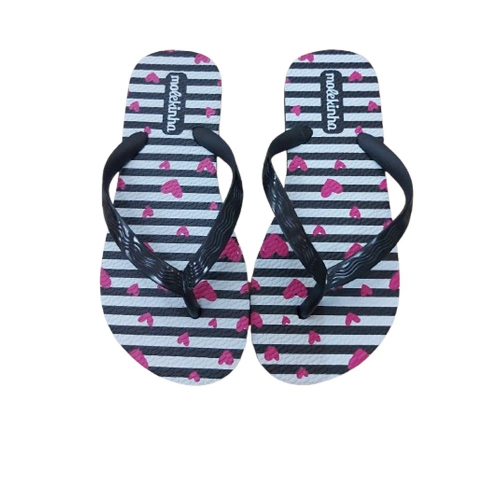 Molekinha Chinelo Tira Fina Estampa Coracao Preto Preto 3