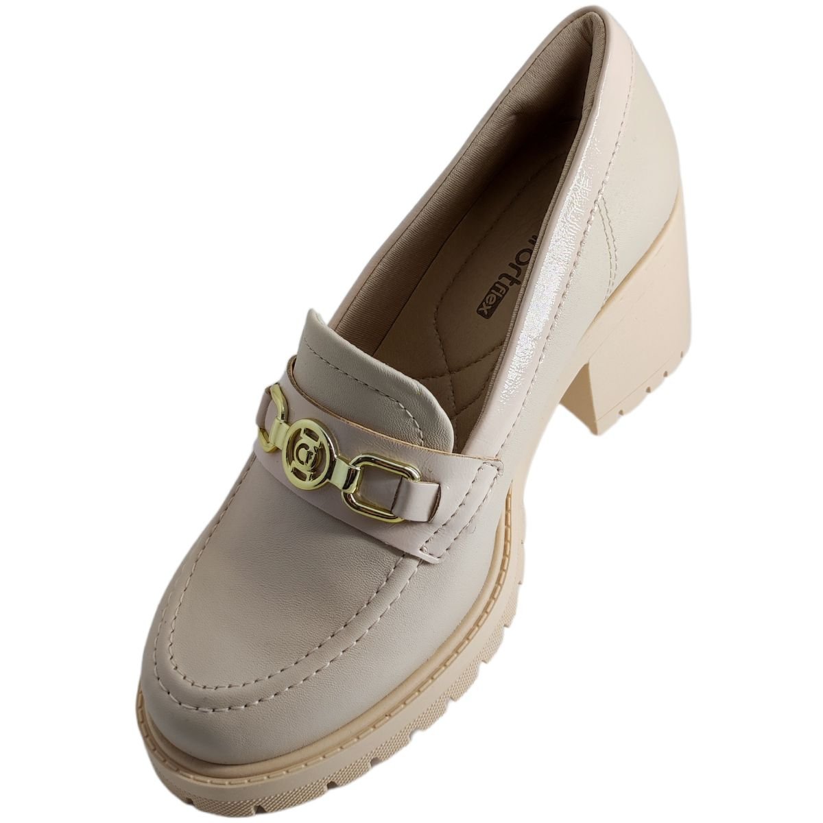 Sapato Mocassim Feminino Casual com Corrente Salto Bloco Comfortflex 2376303 Bege 4