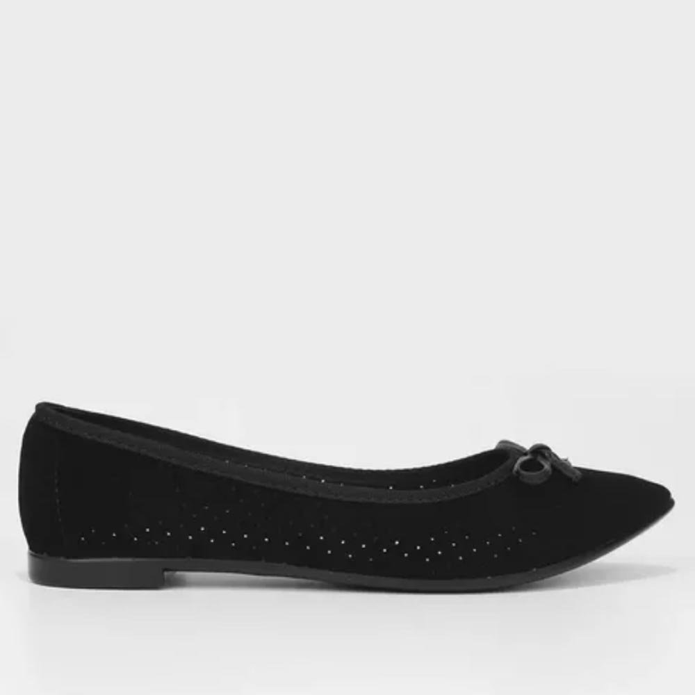 Sapatilha Moleca Camurça Microperfuros Bico Fino - Preto Preto 1