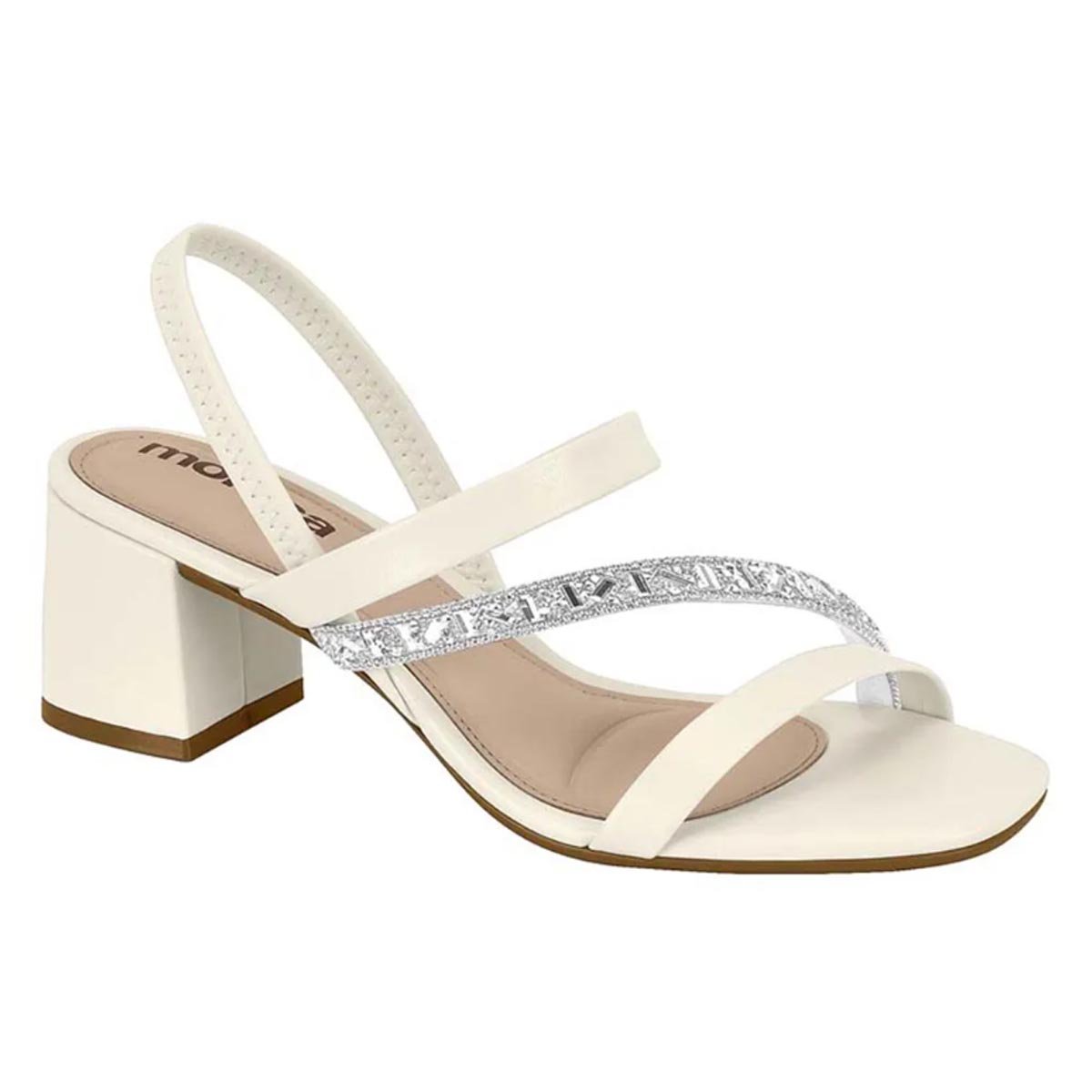 Sandália Moleca Feminina Salto Baixo Bloco Strass Branco Off Branco 1