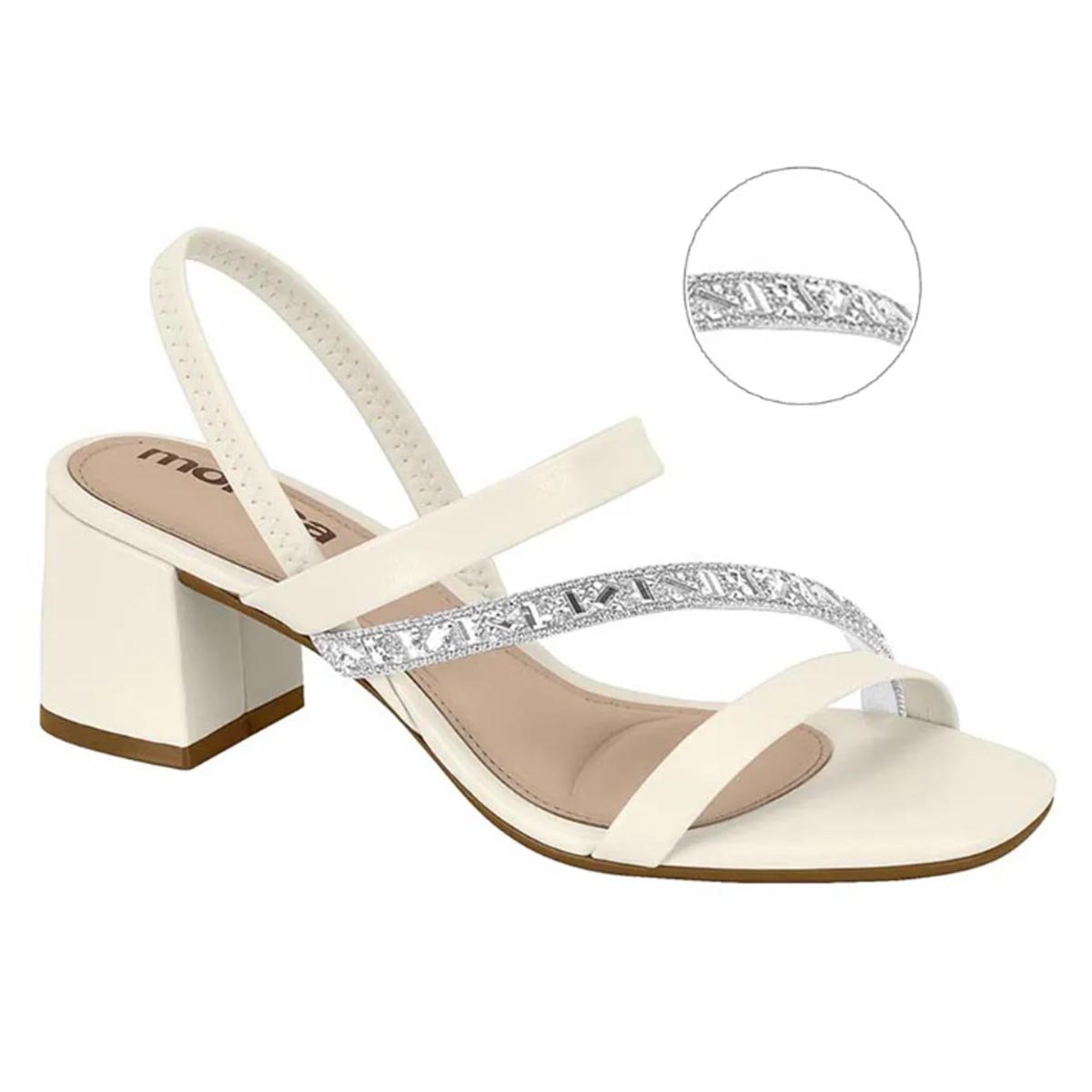 Sandália Moleca Feminina Salto Baixo Bloco Strass Branco Off Branco 2