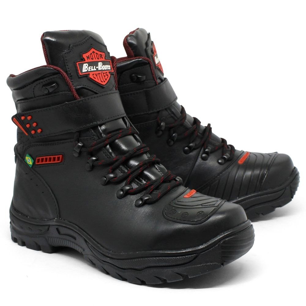 Bota Motociclista em Couro Cano Medio Bell Boots com Cadarço e Fita Auto Colante Preto 1