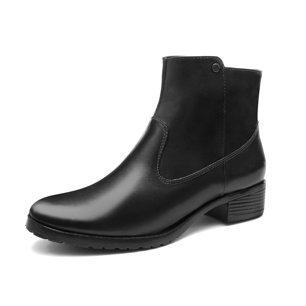 Bota Cano Curto Casual em Couro Pires Shoes com Salto Baixo Quadrado e Sola Leve Preto 1