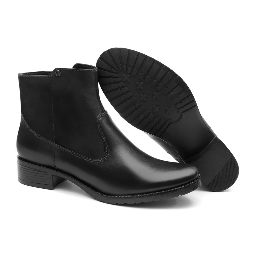 Bota Cano Curto Casual em Couro Pires Shoes com Salto Baixo Quadrado e Sola Leve Preto 2
