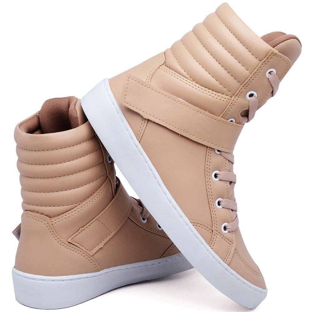 Tênis Casual Cano Curto Pires Shoes com Cadarço Fita Auto Colante e Sola Reta Bege 3