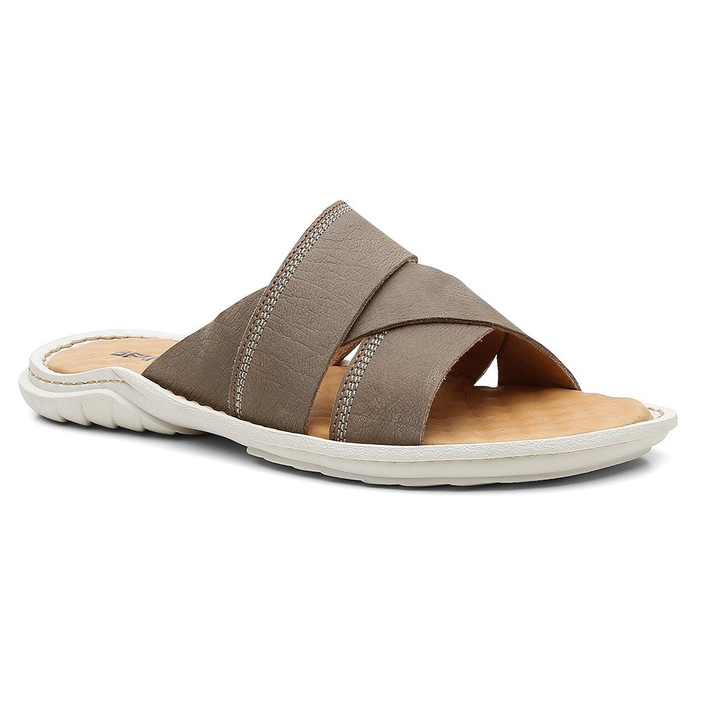 Chinelo em Couro Pires Shoes Tiras Transpassadas Sola Borracha e Costura Manual Cinza 3