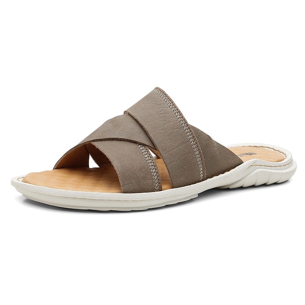Chinelo em Couro Pires Shoes Tiras Transpassadas Sola Borracha e Costura Manual Cinza 4