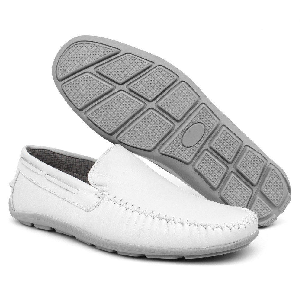 Mocassim Casual em Couro Pires Shoes com Costura Manual a Sola Borracha Leve Branco 2