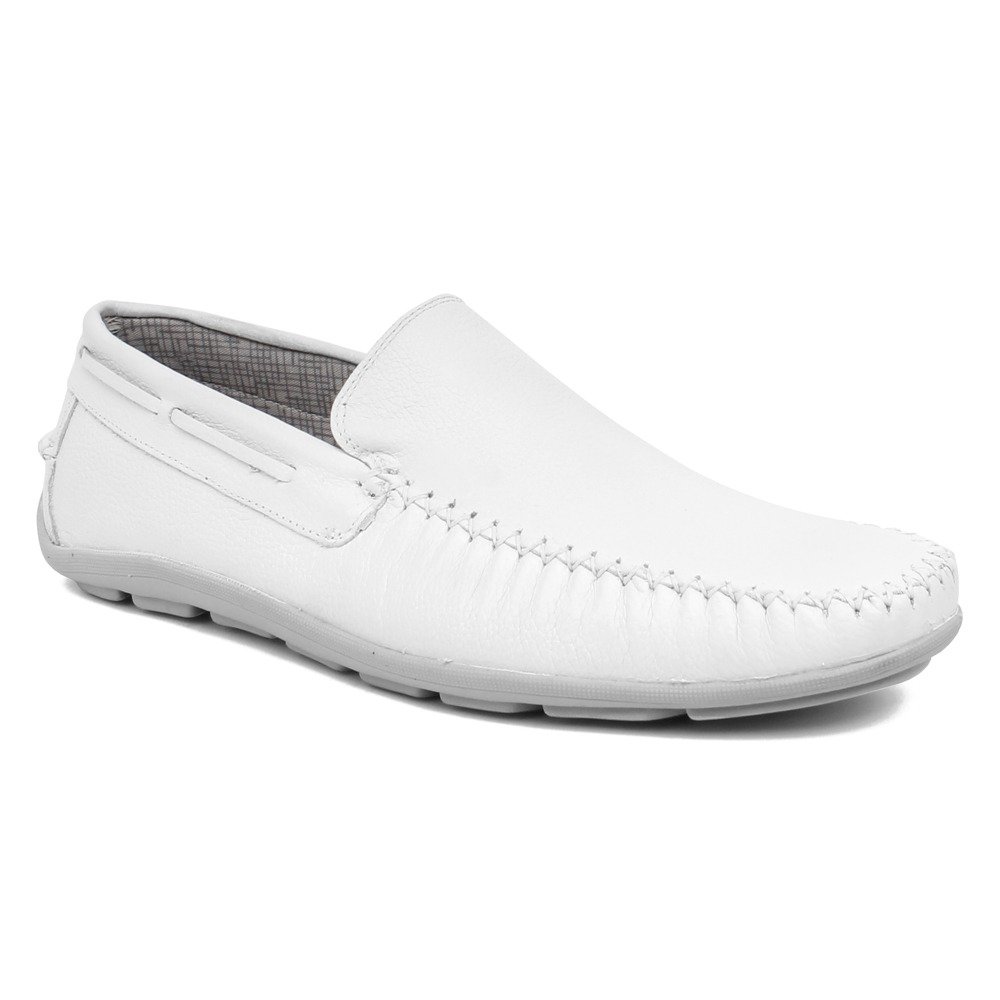 Mocassim Casual em Couro Pires Shoes com Costura Manual a Sola Borracha Leve Branco 3