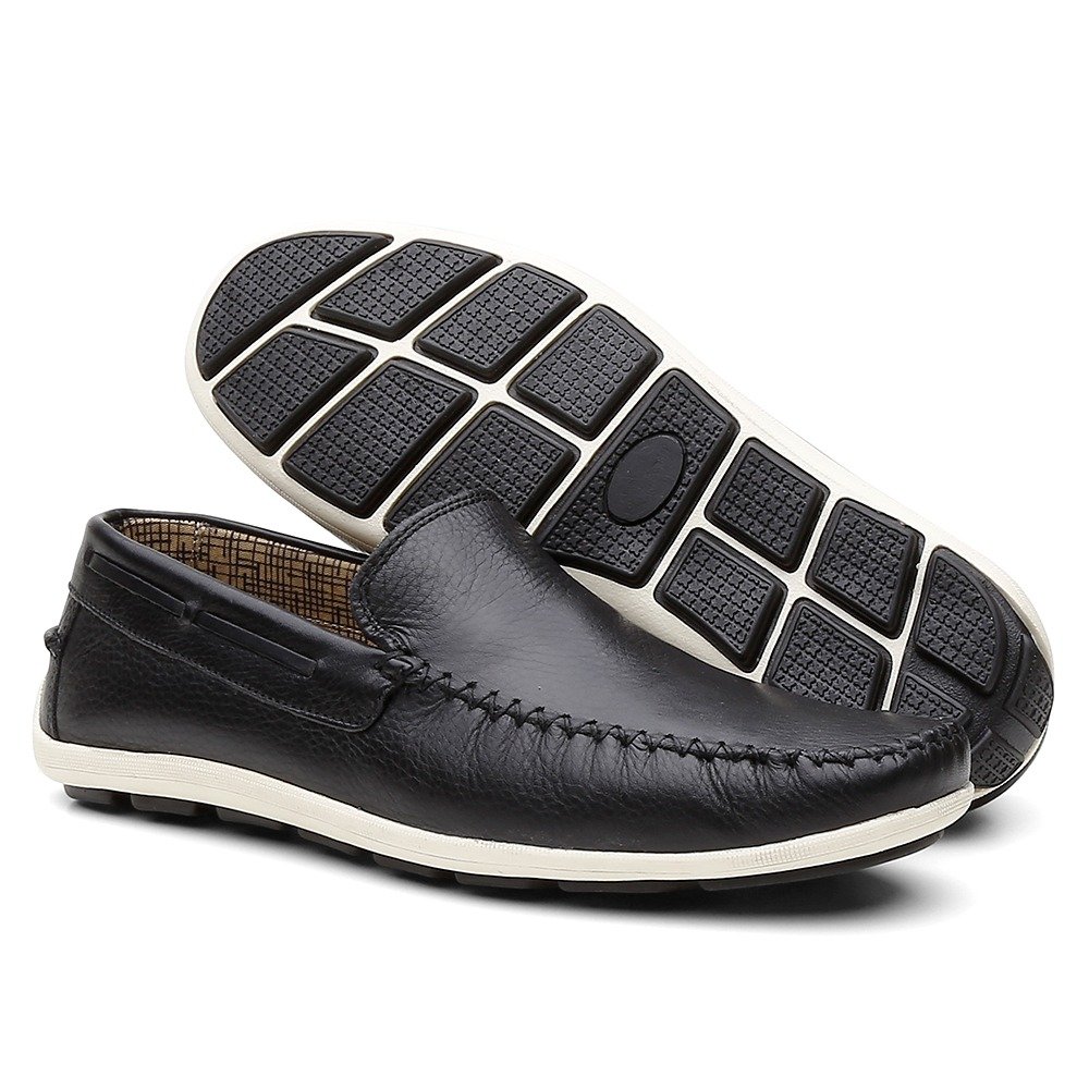 Mocassim Casual em Couro Pires Shoes com Costura Manual a Sola Borracha Leve Preto 2