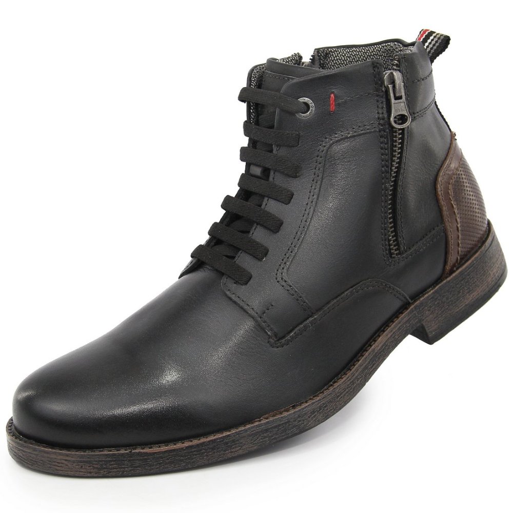 Bota Coturno Cano Curto em Couro Casual Pires Shoes com Cadarço e Ziper Lateral Preto 3