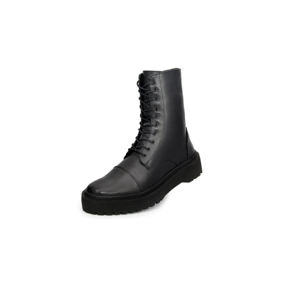 Bota Coturno Cano Medio em Couro Pires Shoes com Cadarço Ziper e Sola Robusta Preto 1
