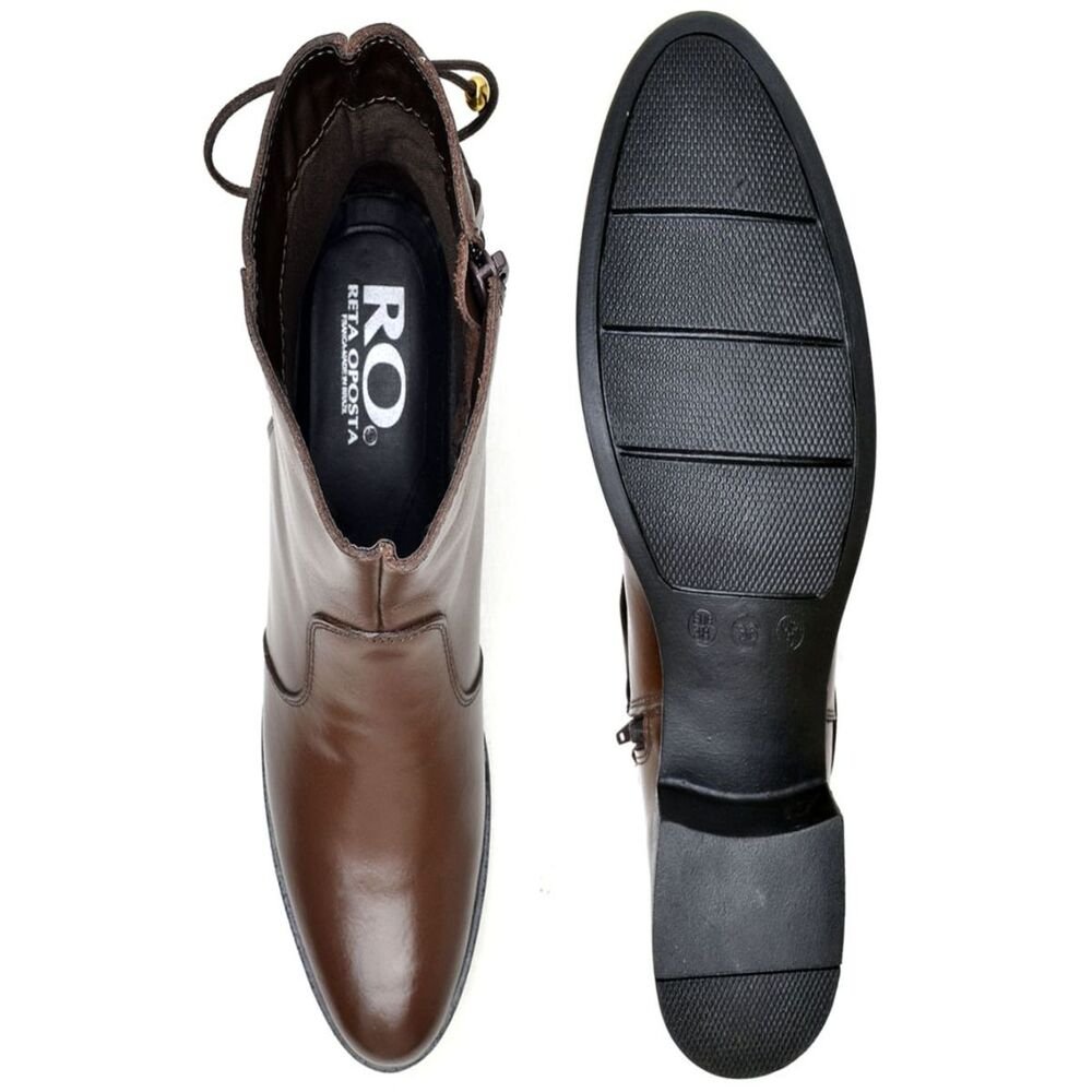 Bota Cano Curto em Couro Casual Reta Oposta com Zíper e Amarração Traseira Marrom 3