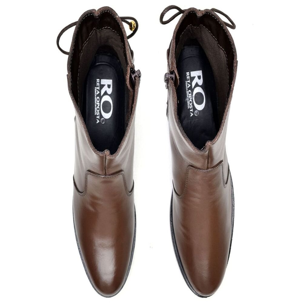 Bota Cano Curto em Couro Casual Reta Oposta com Zíper e Amarração Traseira Marrom 4