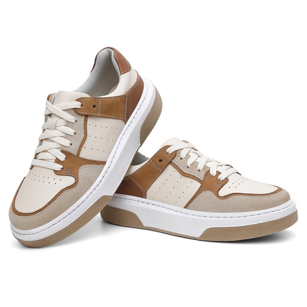 Tênis Casual Couro Masculino Cadarço Moda Moderno Elegante Resistente Sola Reta Bege 2