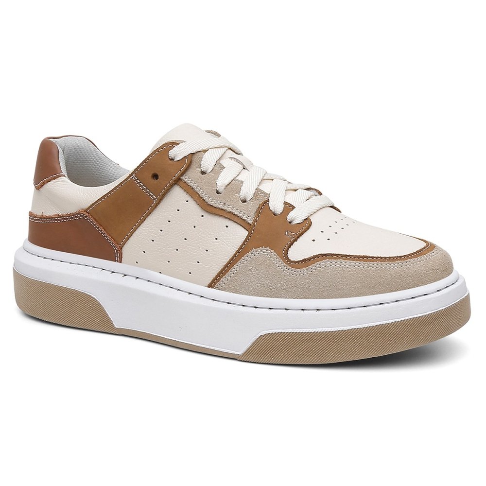 Tênis Casual Couro Masculino Cadarço Moda Moderno Elegante Resistente Sola Reta Bege 4