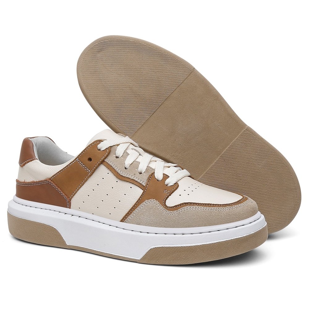 Tênis Casual Couro Masculino Cadarço Moda Moderno Elegante Resistente Sola Reta Bege 5