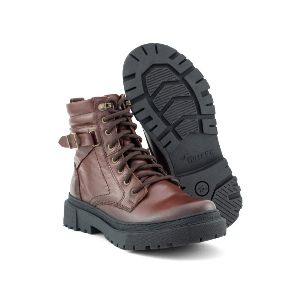 Bota Coturno em Couro Feminino Cadarço Tira e Fivela Resistente Sola Tratorada Marrom 3