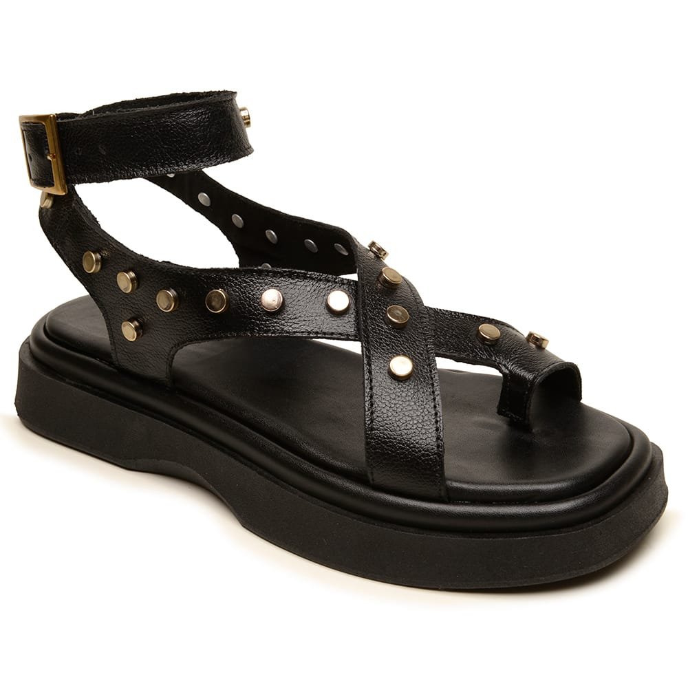 Sandália Flatform Couro Feminina Metais Fivela Conforto Moda Solado PU Macio