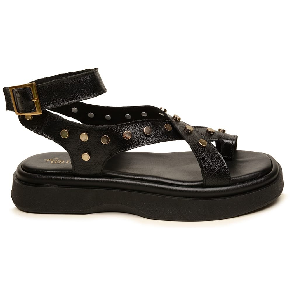 Sandália Flatform Couro Feminina Metais Fivela Conforto Moda Solado PU Macio Preto 3