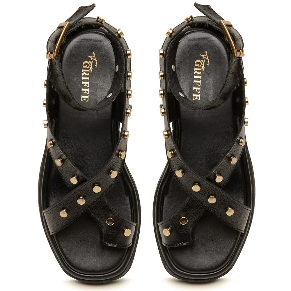 Sandália Flatform Couro Feminina Metais Fivela Conforto Moda Solado PU Macio Preto 4