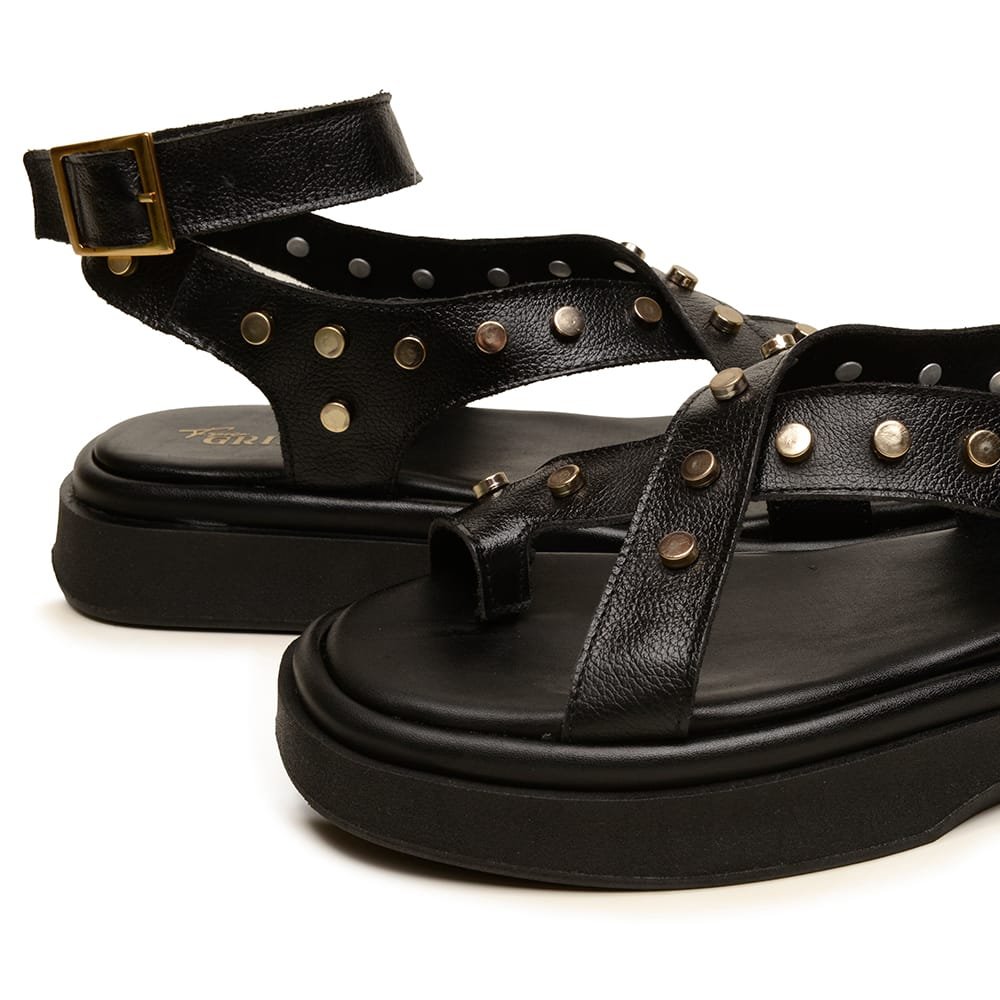 Sandália Flatform Couro Feminina Metais Fivela Conforto Moda Solado PU Macio Preto 5