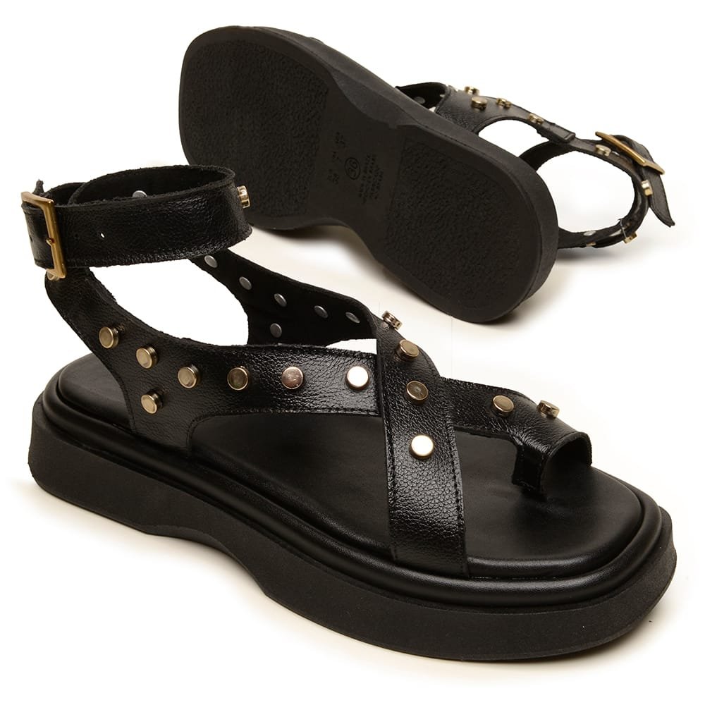 Sandália Flatform Couro Feminina Metais Fivela Conforto Moda Solado PU Macio Preto 6