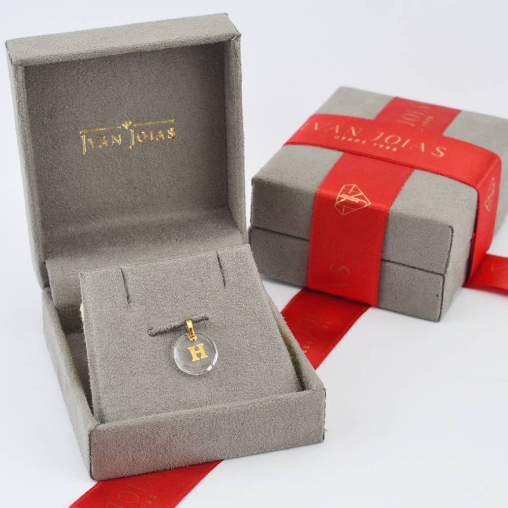 Pingente Cristal Redondo com Letra "H " em Ouro 18K Dourado 2