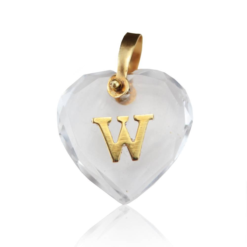 Pingente Cristal Coração com Letra "W " em Ouro 18K Dourado 1