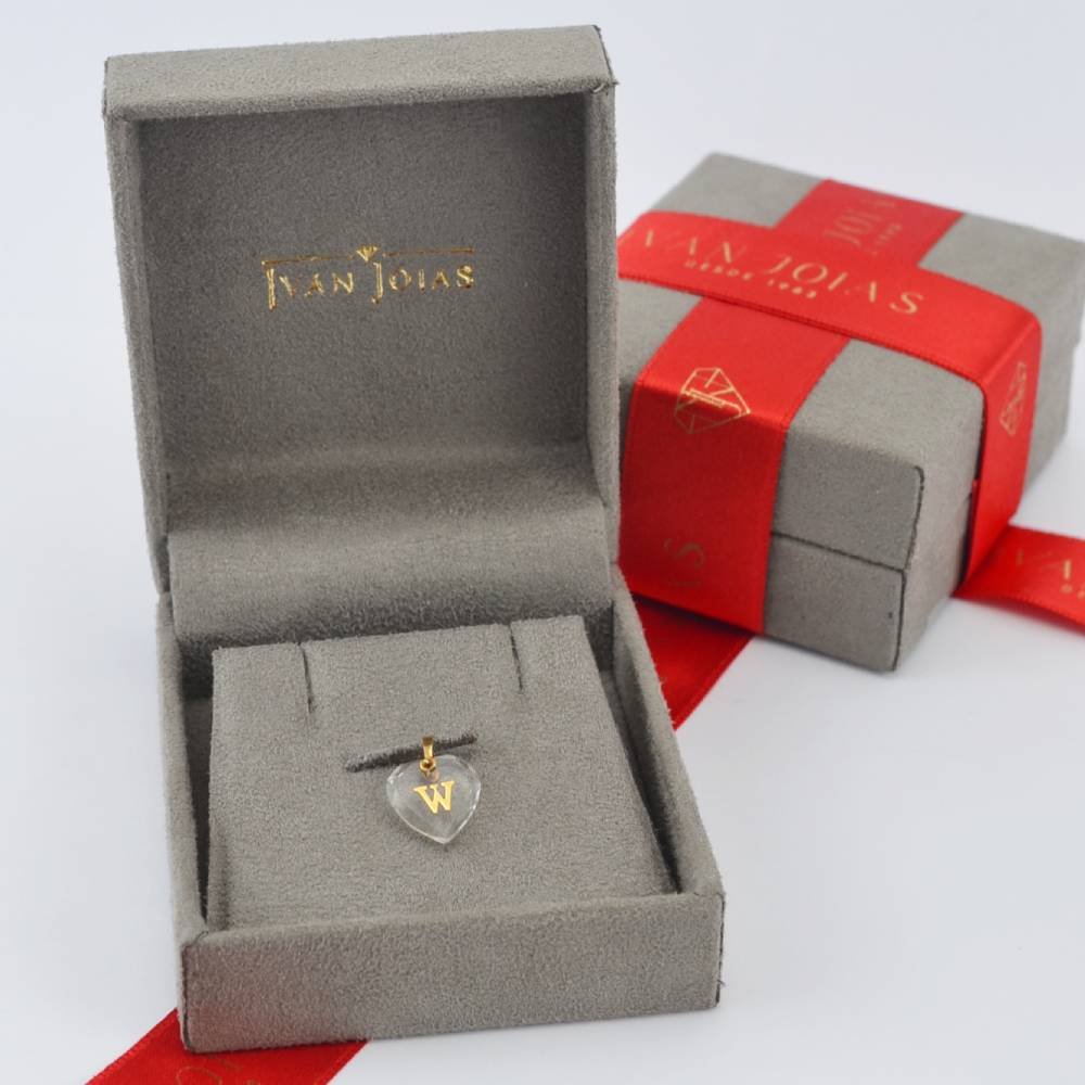 Pingente Cristal Coração com Letra "W " em Ouro 18K Dourado 2