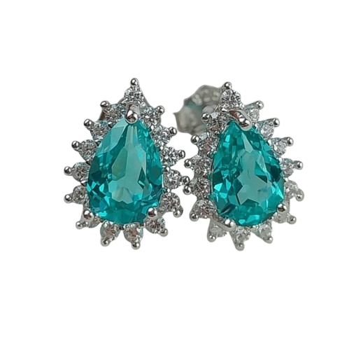 Brinco Prata 6 mm Gota com Esmeralda e 30 Zircônias