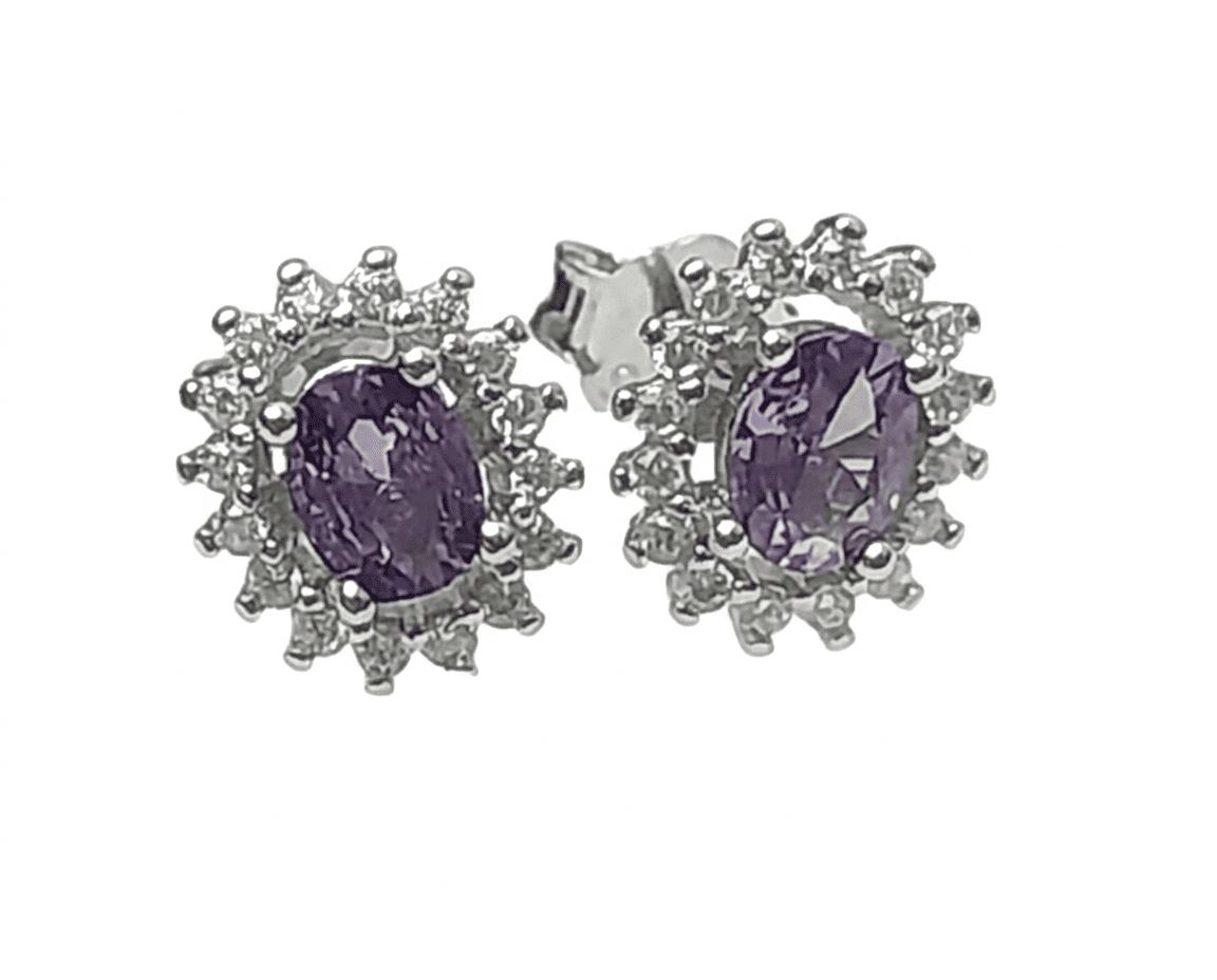 Brinco Prata 7 mm Oval com Zircônia Ametista
