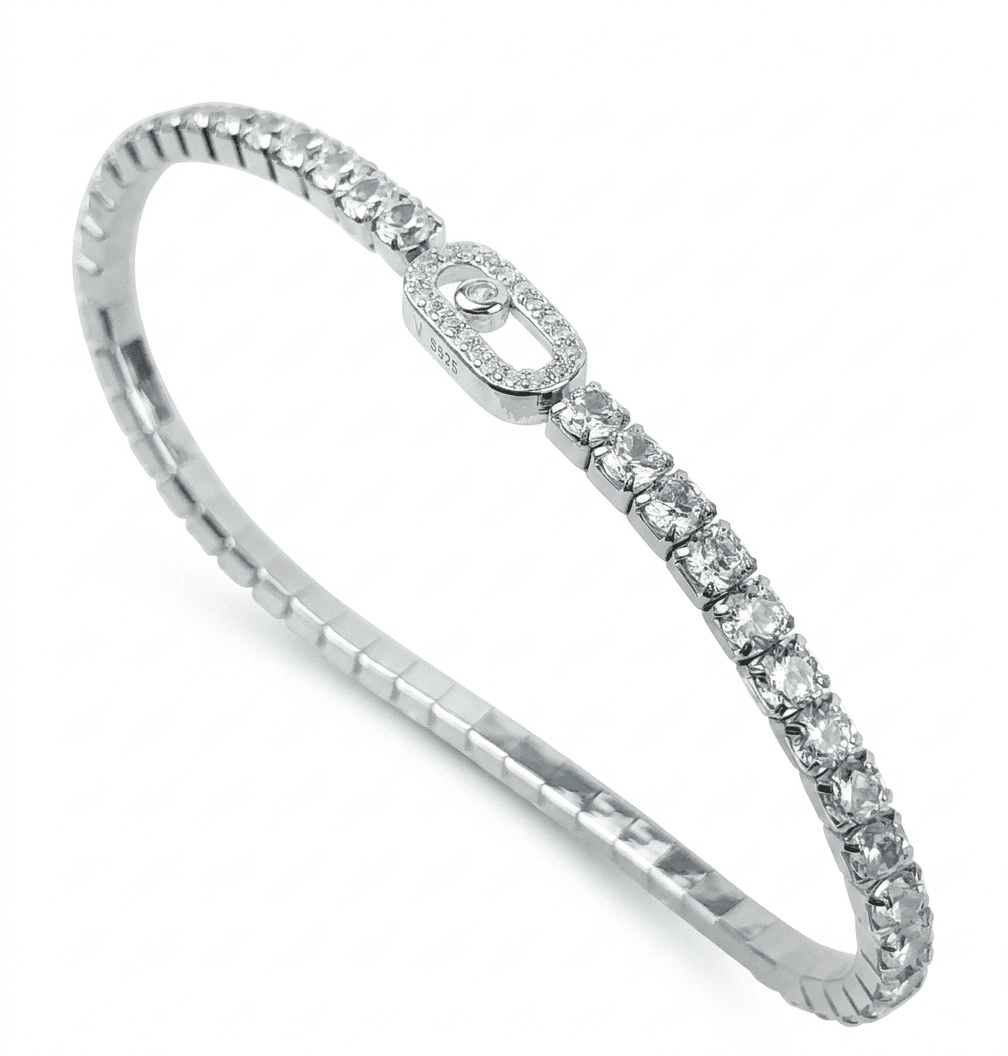 Bracelete Prata com 52 Zircônias Cravadas e Detalhes Vazados