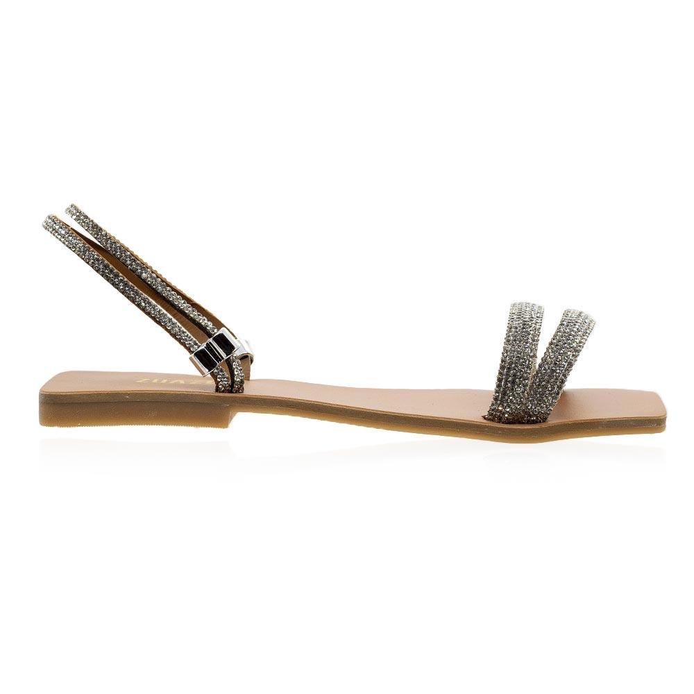 Sandália Rasteira Feminina Strass Zuazen 2003 Cristal Prata 1
