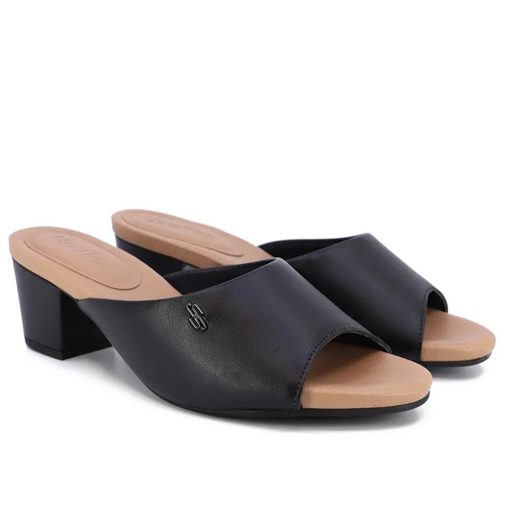 Tamanco Peeptoe Couro Salto Bloco Feminino Usaflex Y8216001 Preto Preto 2