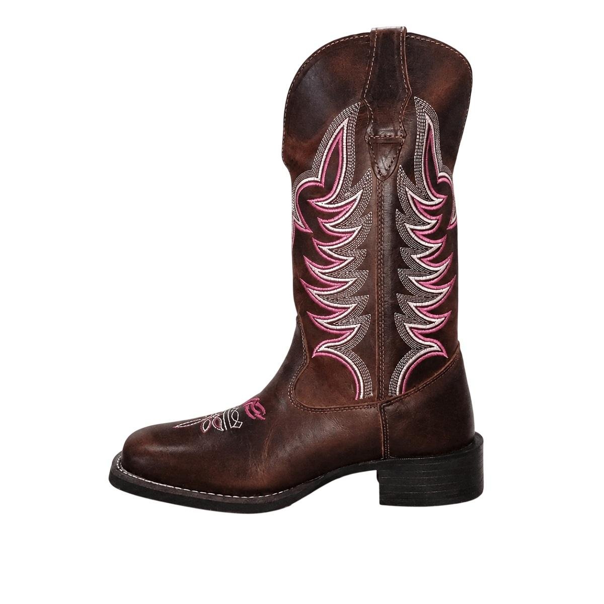 Bota Texana Feminina Cano Médio Big Bull Bico Quadrado Bordada Marrom Marrom 2