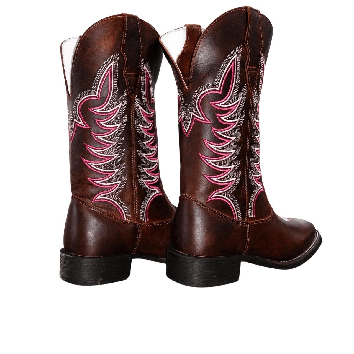 Bota Texana Feminina Cano Médio Big Bull Bico Quadrado Bordada Marrom Marrom 4