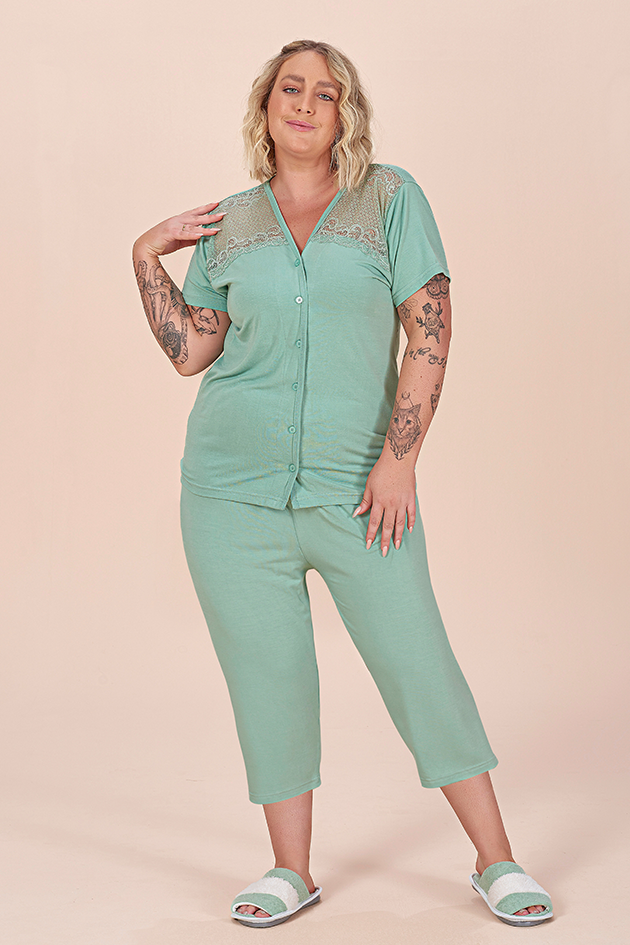 Pijama Renda Verde Capri - Plus Size Verde