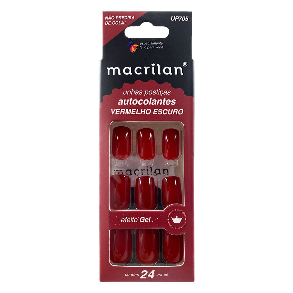 Unhas Postiças Macrilan Autocolantes Vermelho Escuro 24 Unidades Vermelho Escuro 1