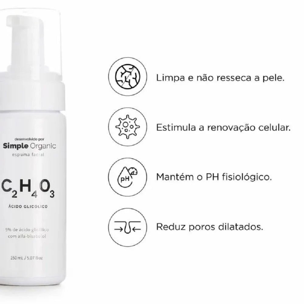 Espuma de Limpeza Facial Simple Organic Ácido Glicólico 150ml 150ml 3